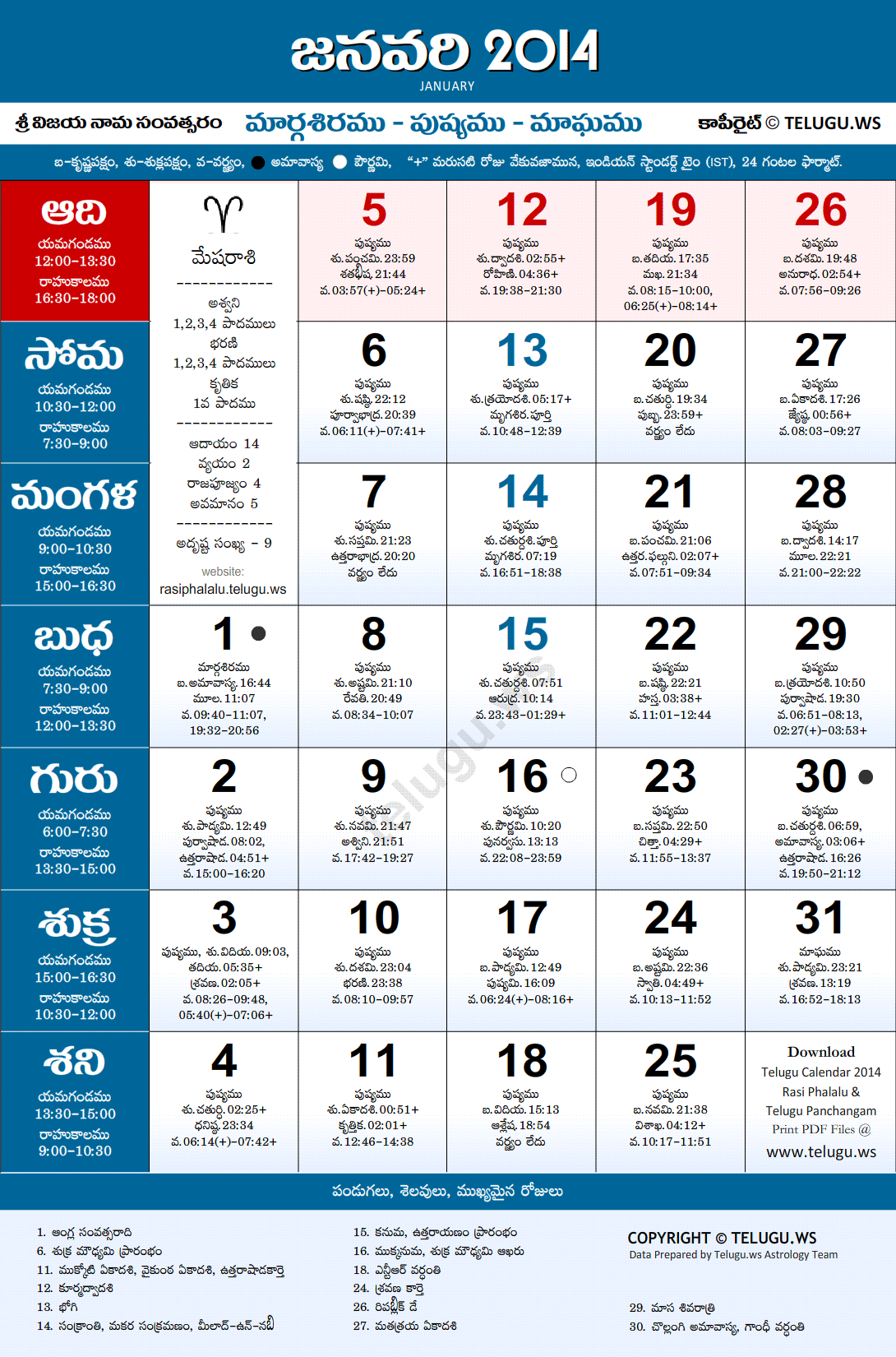Telugu Calendar 2014 January PDF Print with Festivals & Holidays List