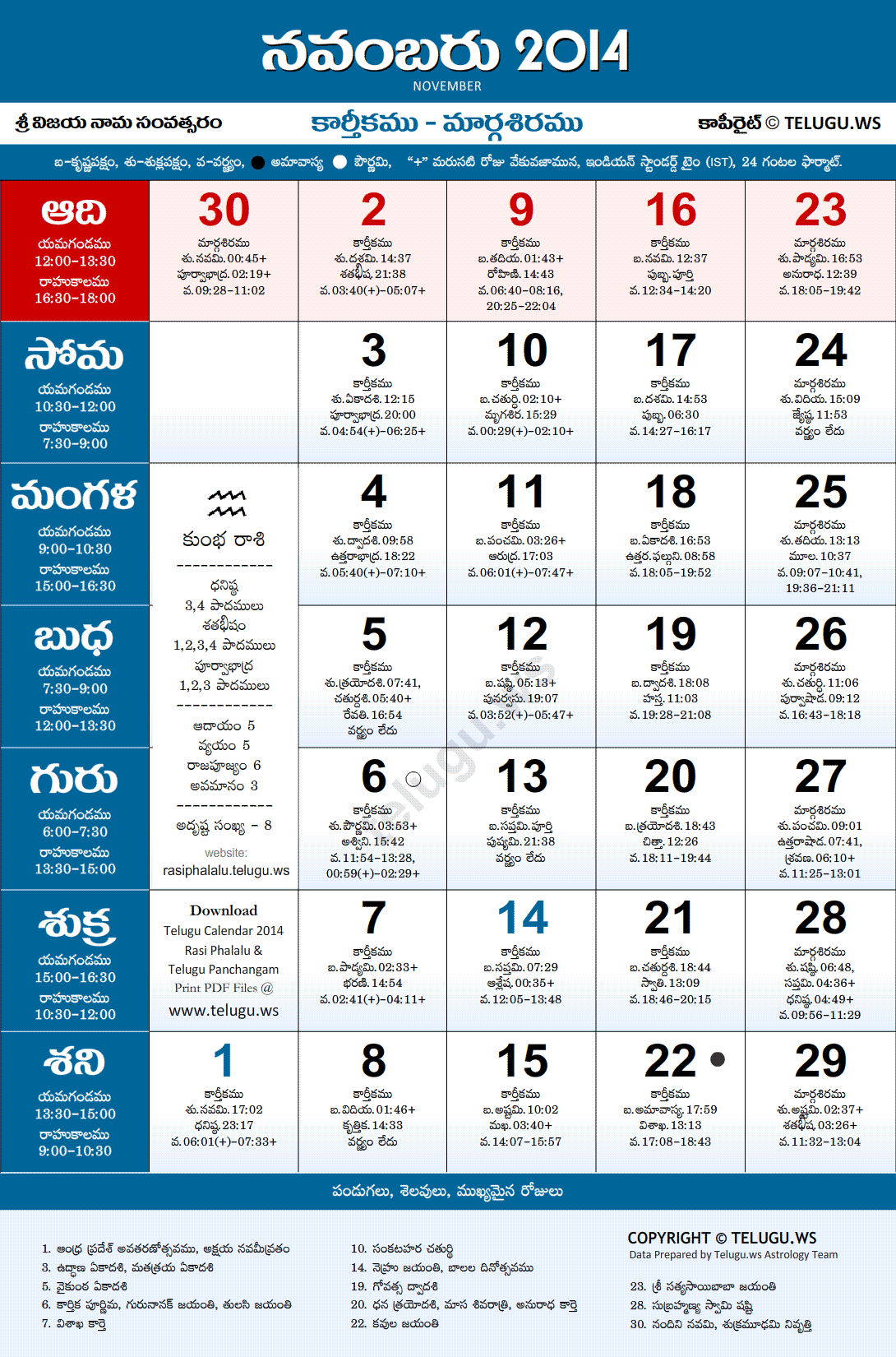 Telugu Calendar 2014 November PDF Print With Festivals Holidays List