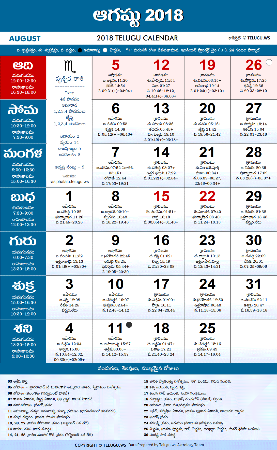 Telugu Calendar 2018 August PDF Print With Festivals Holidays List