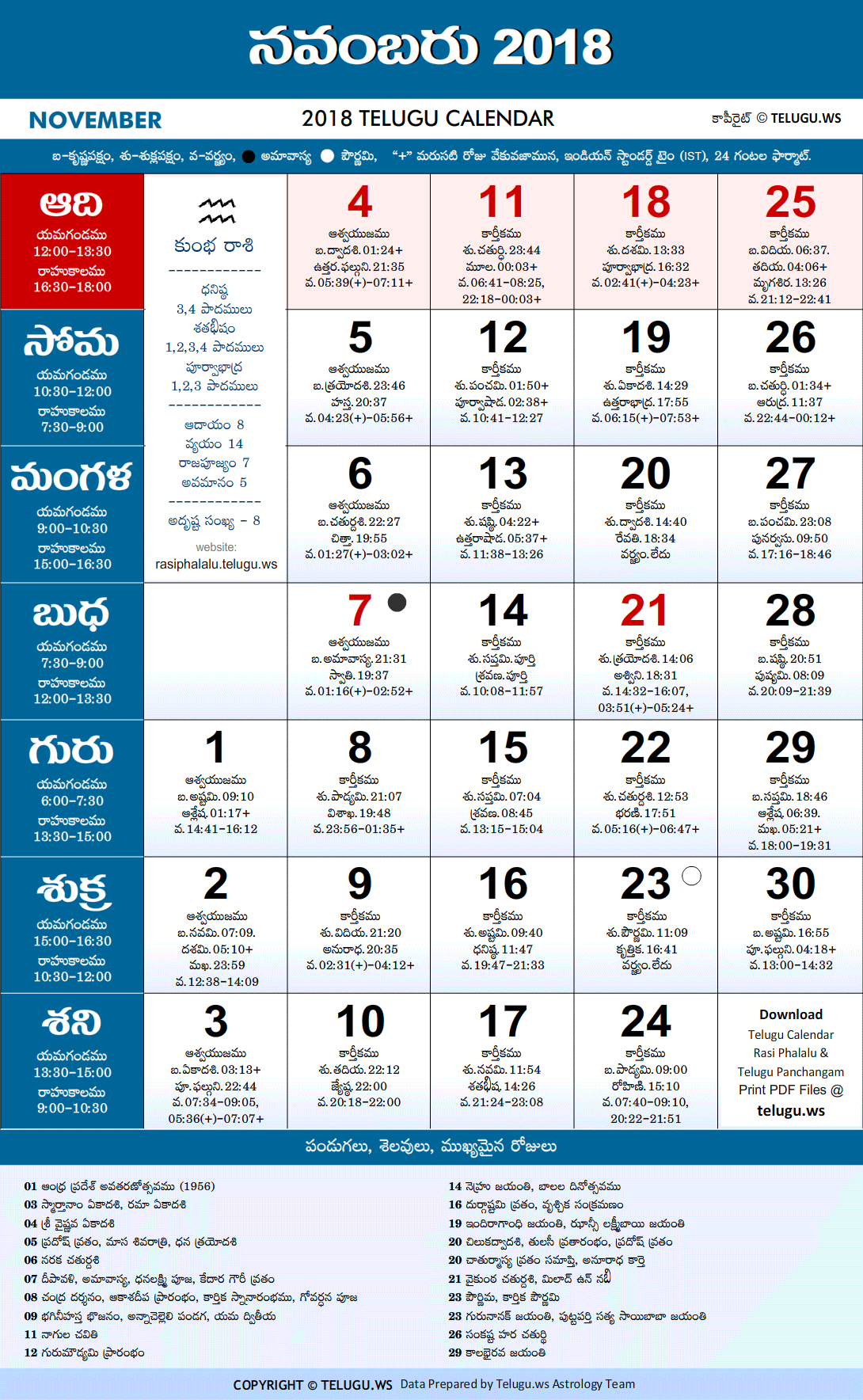 Telugu Calendar 2018 November Festivals and Holidays