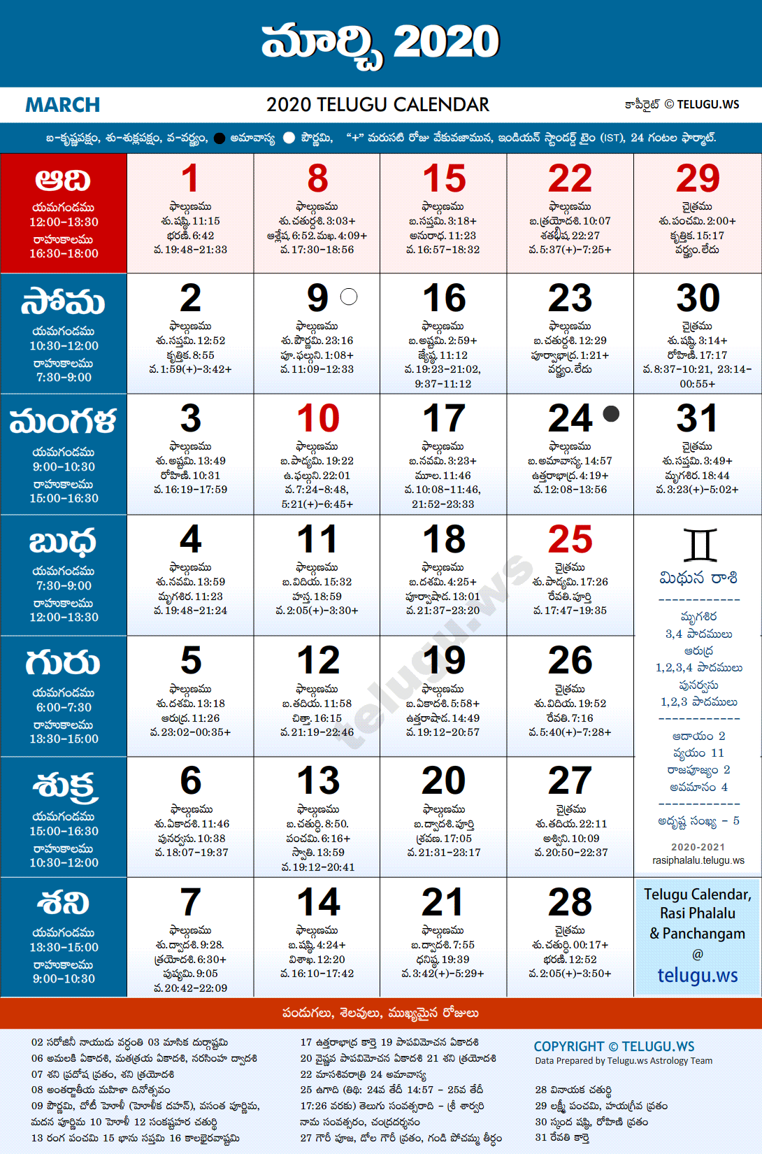Telugu Calendar 2020 March PDF Print with Festivals & Holidays List