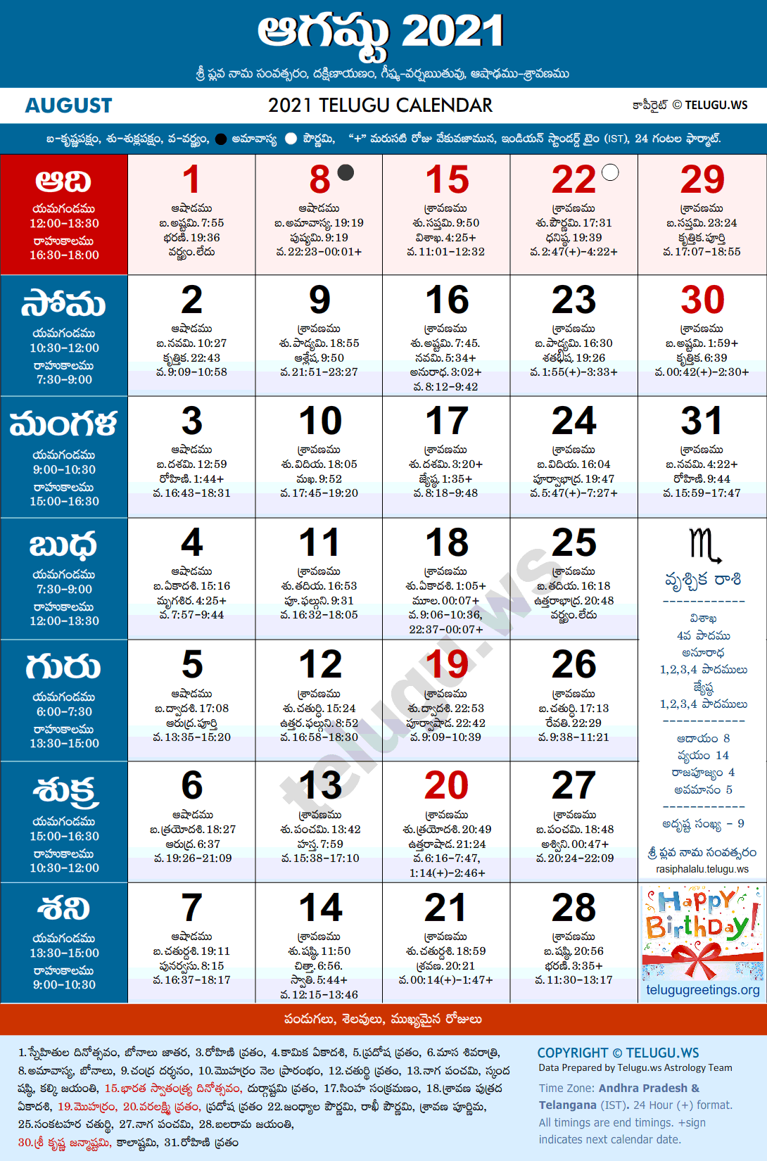 Telugu Calendar 2021 August Festivals and Holidays