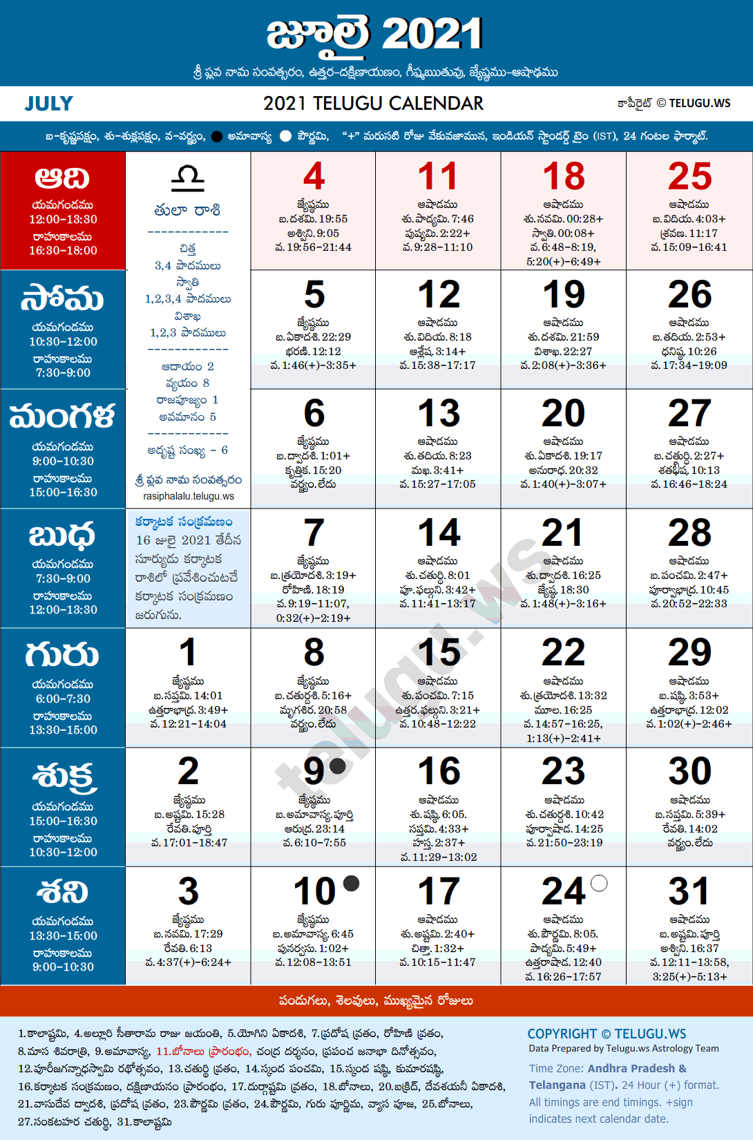 Telugu Calendar 2021 July Festivals and Holidays