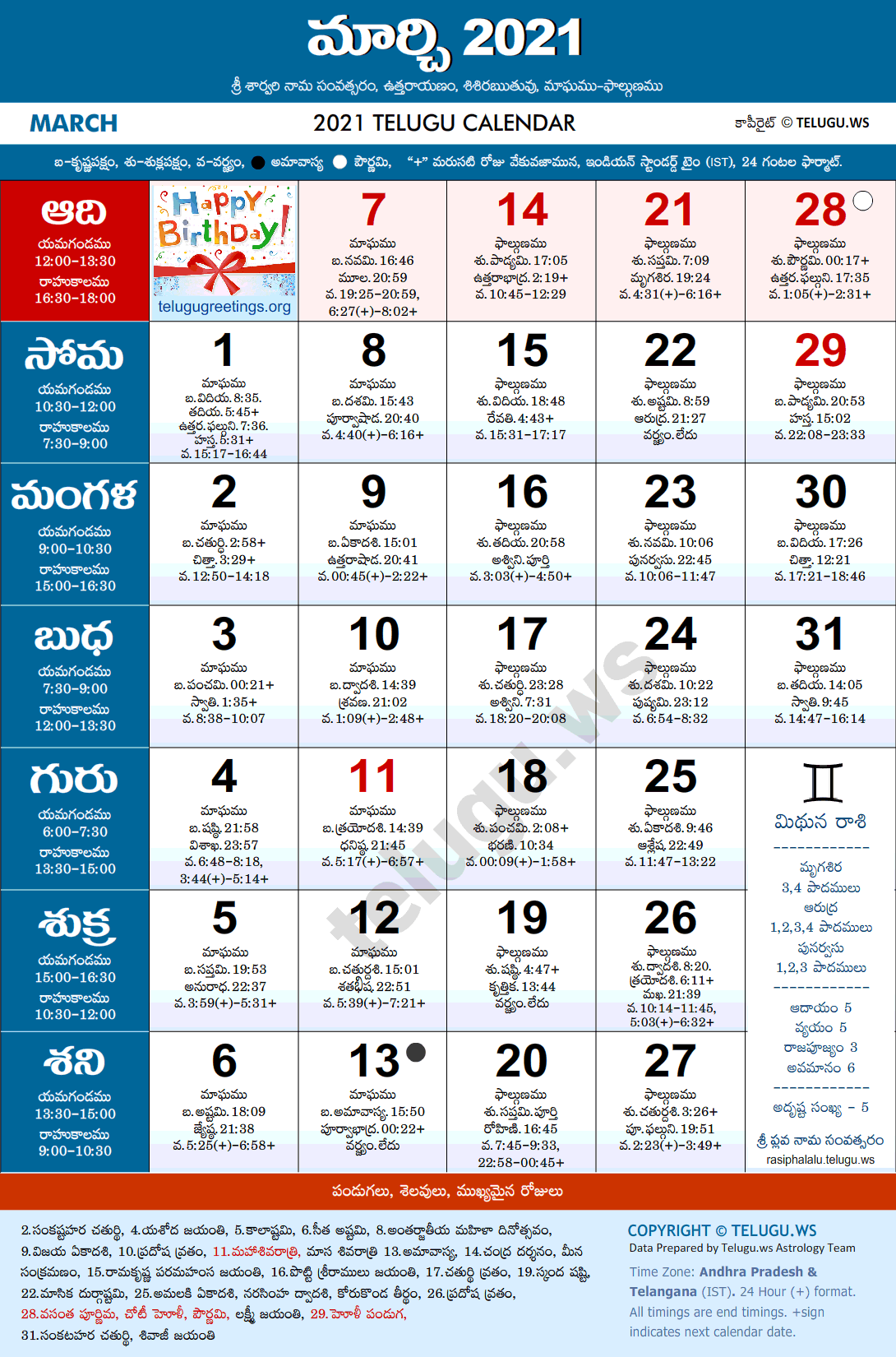Telugu Calendar 2021 March PDF Print with Festivals & Holidays List