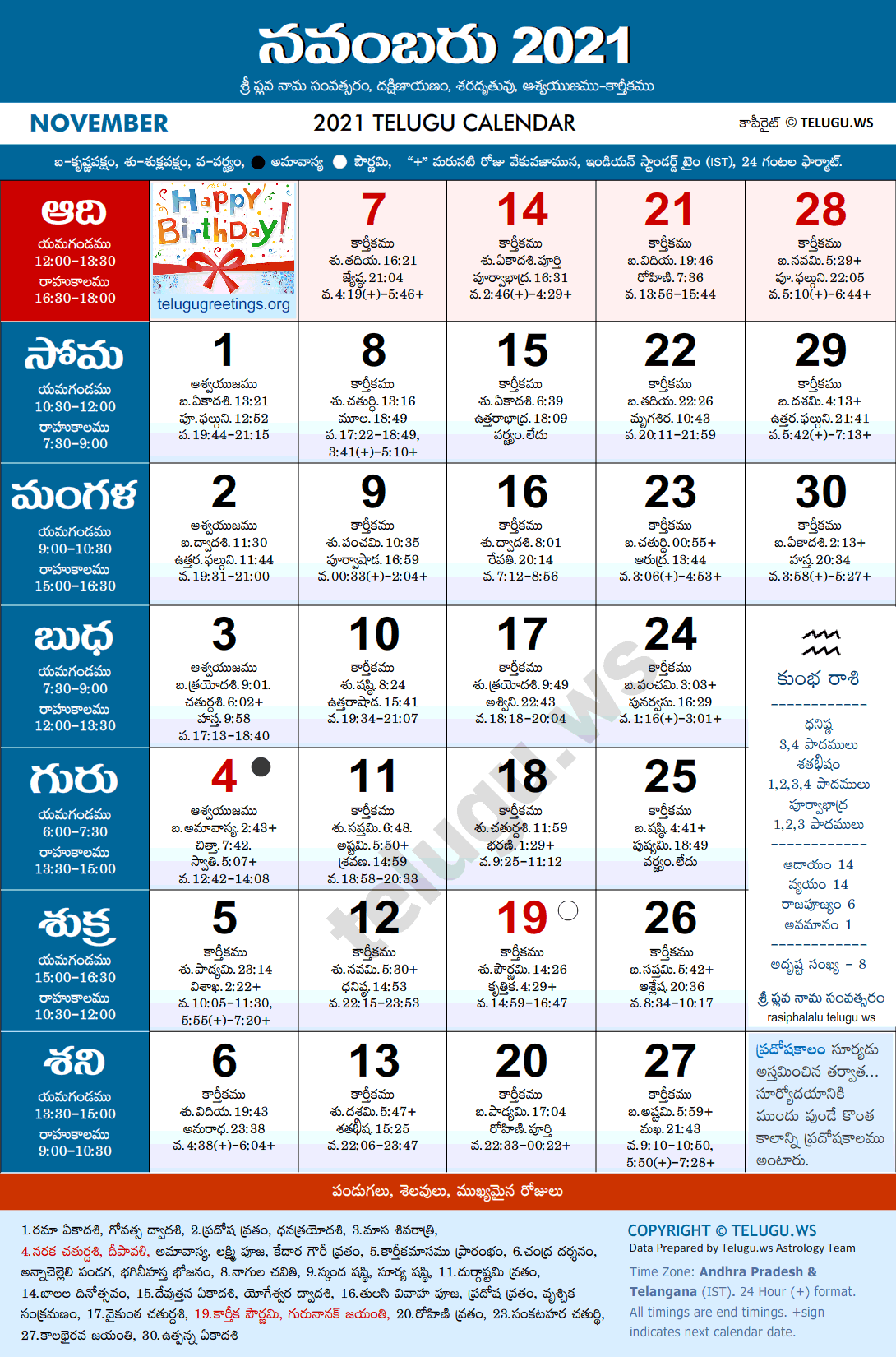 Telugu Calendar 2021 November PDF Print with Festivals & Holidays List