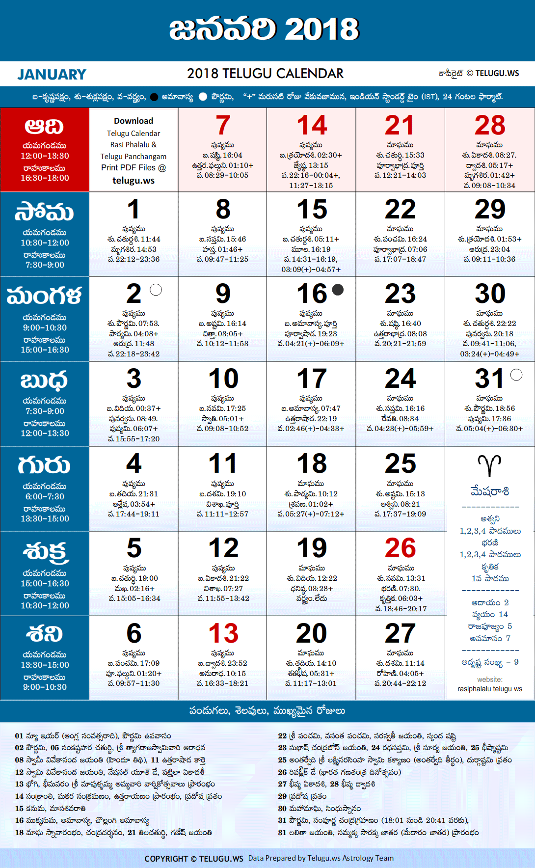 Telugu Calendar 2018 January Festivals and Holidays