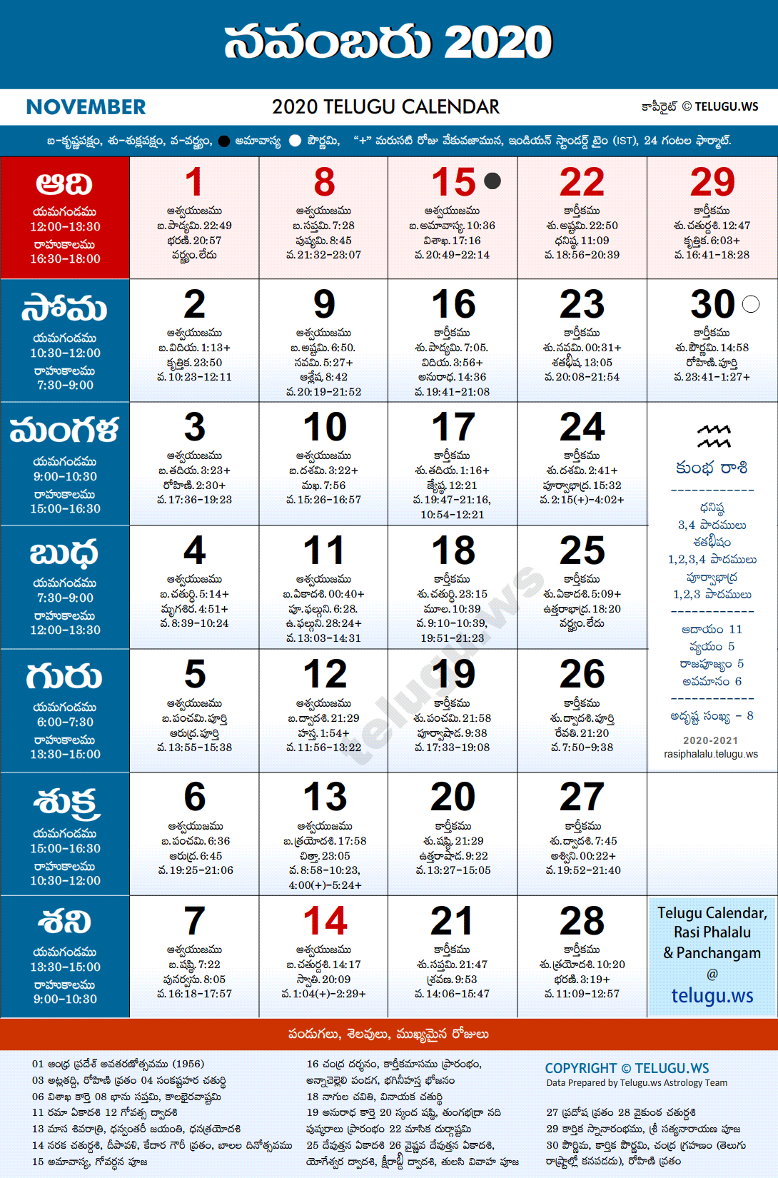 Telugu Calendar 2020 November PDF Print With Festivals Holidays List