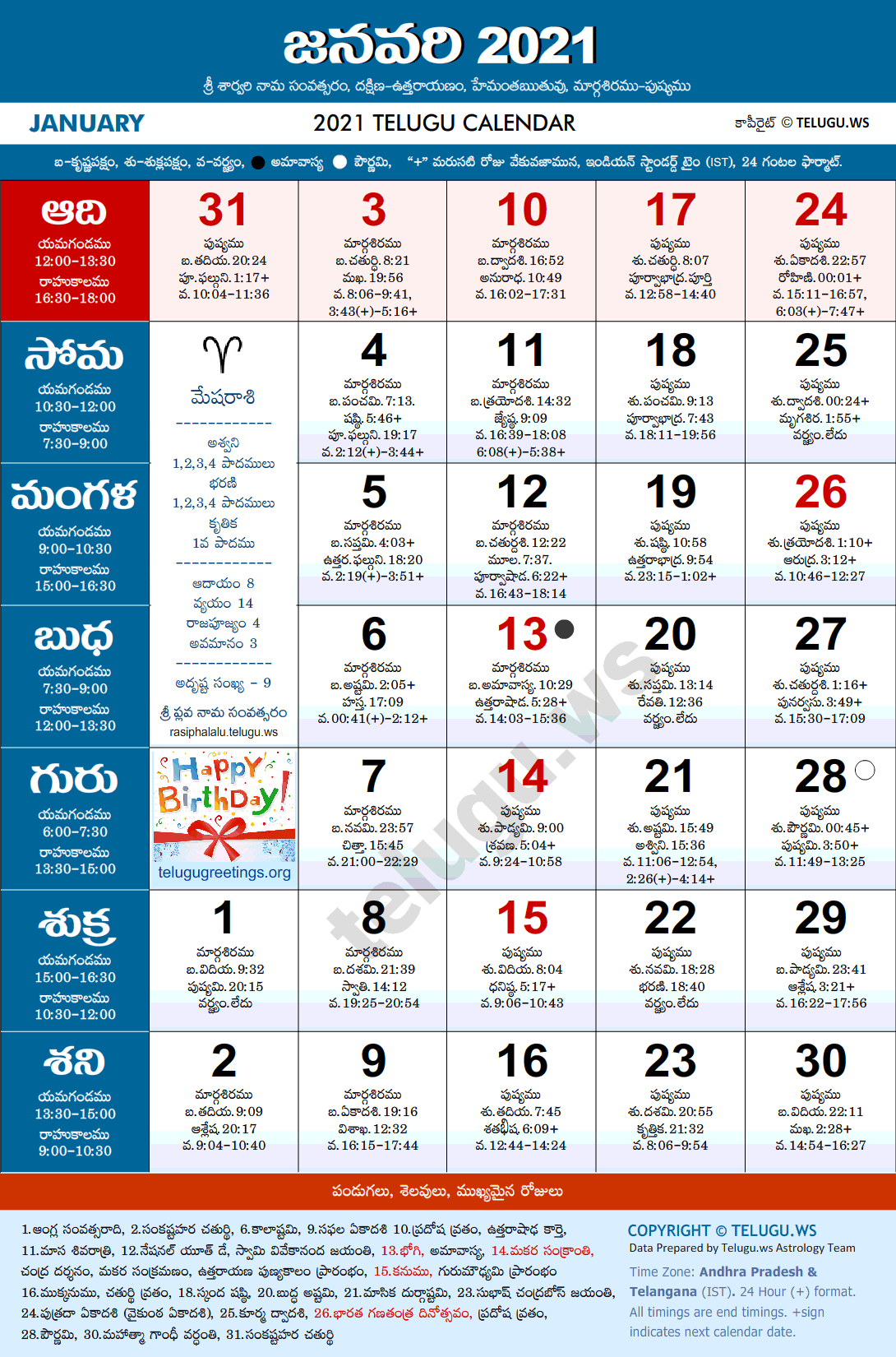 Telugu Calendar 2021 January Festivals and Holidays