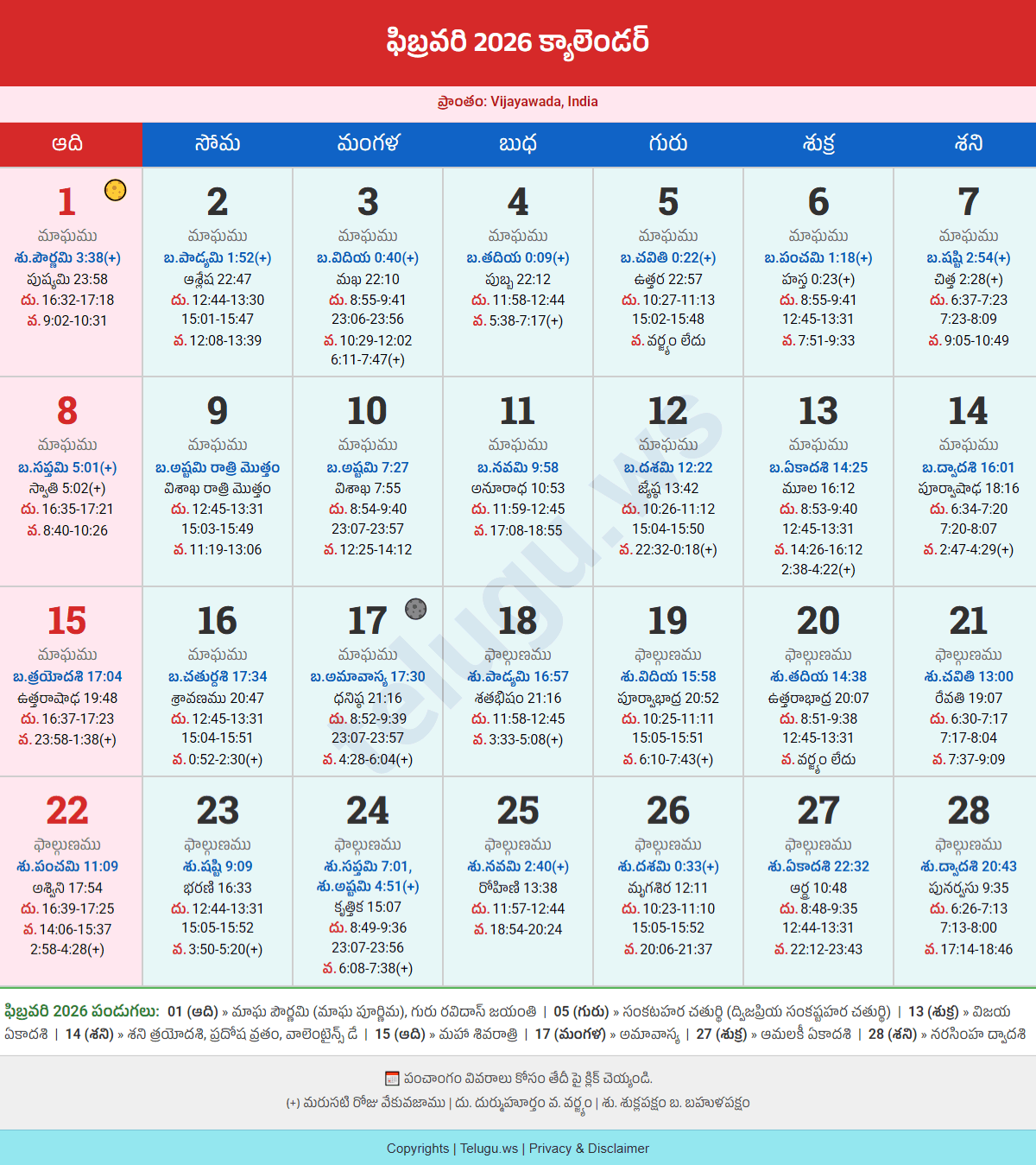 Telugu Calendar February 2026 showing Tithi and Nakshatram